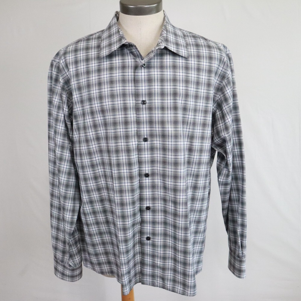 Egara Shirt Mens 2XL XXL Slim Fit Non Iron Casual Button Gray Plaid Long Sleeve